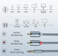Cable Audio 3m 3.5mm (jack)/ 2x RCA (tulip)