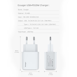 USB charger QC3.0 Quick Charge 1xUSB 1xType-C 20W white