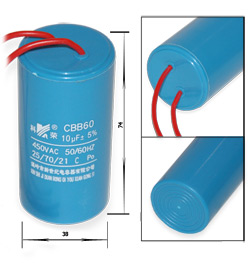 Condenser CBB-60 10uF 450VAC 38 * 75 Flexible Leads